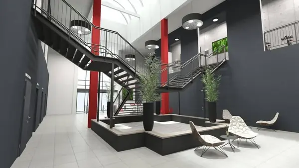 Modernes Büro-Foyer mit Treppe, Sitzbereich, hohen Pflanzen und Oberlicht