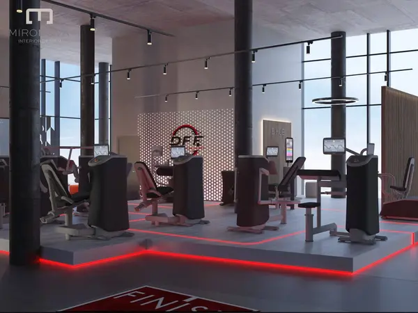 Modernes Fitnessstudio mit Kraftgeräten, LED-Bodenlicht und Glasfront