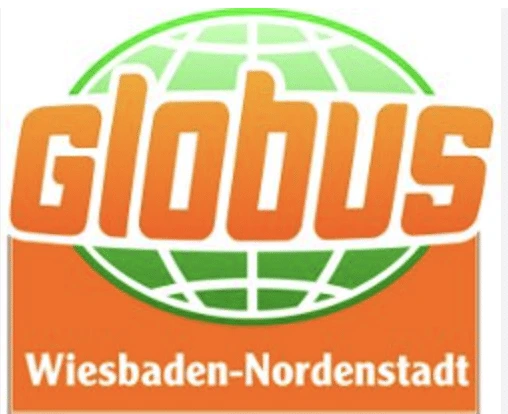Globus Logo mit grüner Weltkugel und Schriftzug Wiesbaden-Nordenstadt