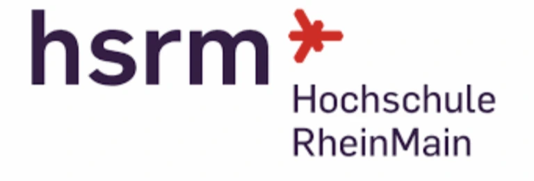 Logo der Hochschule RheinMain (hsrm) mit rotem Sternchen auf weißem Grund