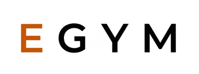 EGYM Logo mit orangefarbenem E und schwarzer Schrift auf weißem Hintergrund